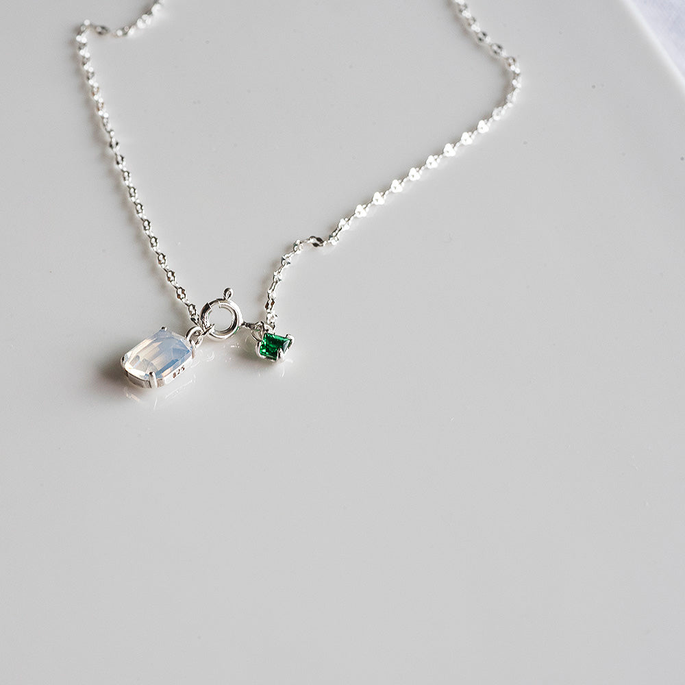 925 Silver White Green Square Necklace_KWAJE572