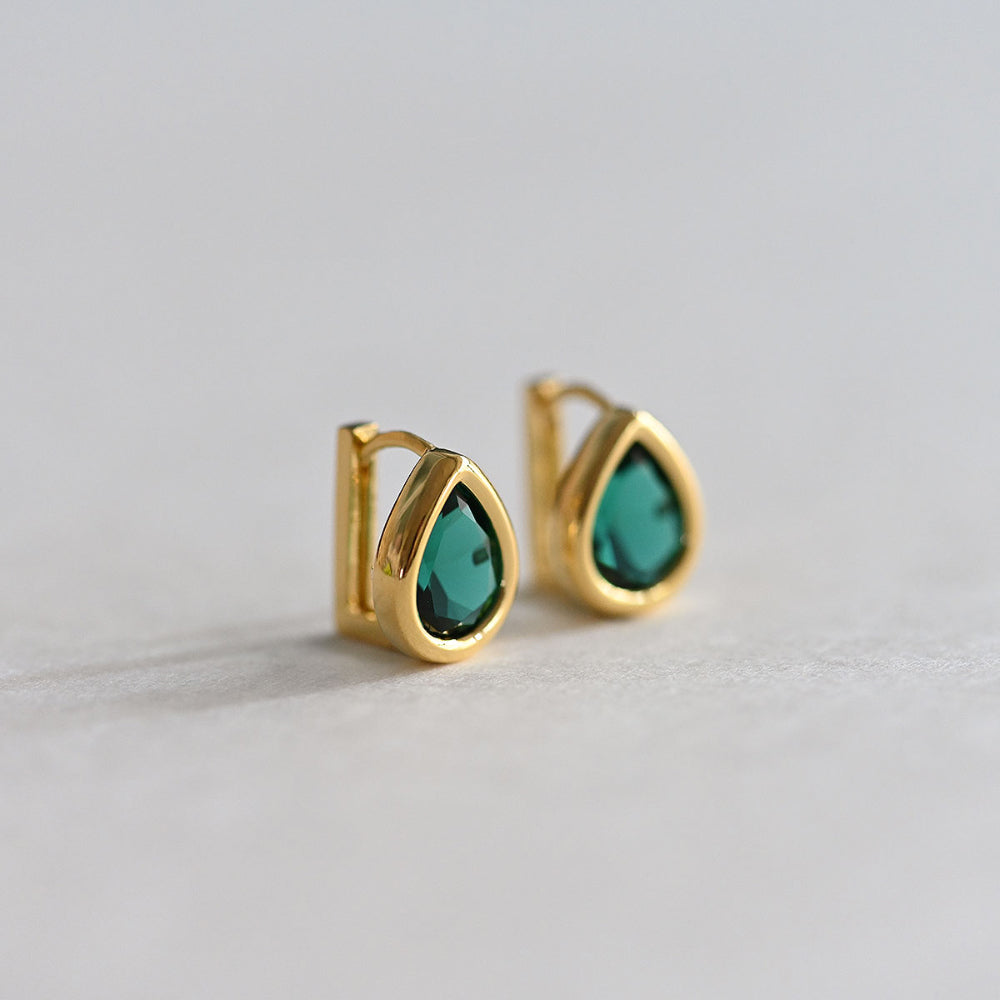 925 Silver Water Drop Bezel Green One Touch Earrings_KWAJE381