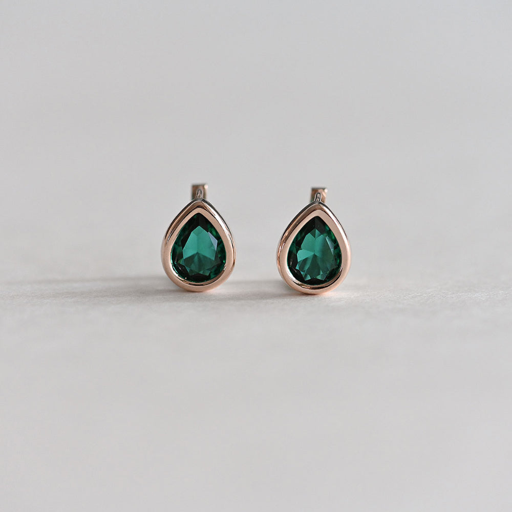 925 Silver Water Drop Bezel Green One Touch Earrings_KWAJE381