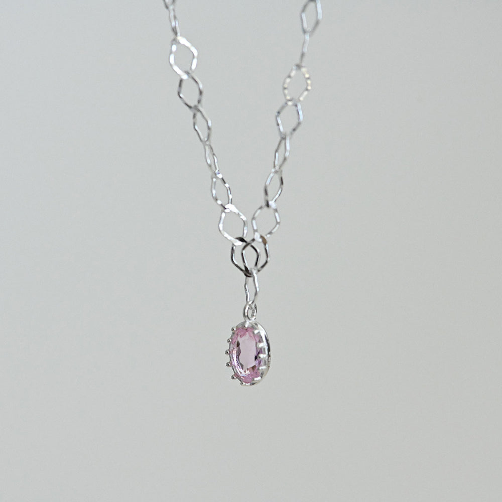 925 Silver Oval Crystal Hammering Necklace_KWAJE547