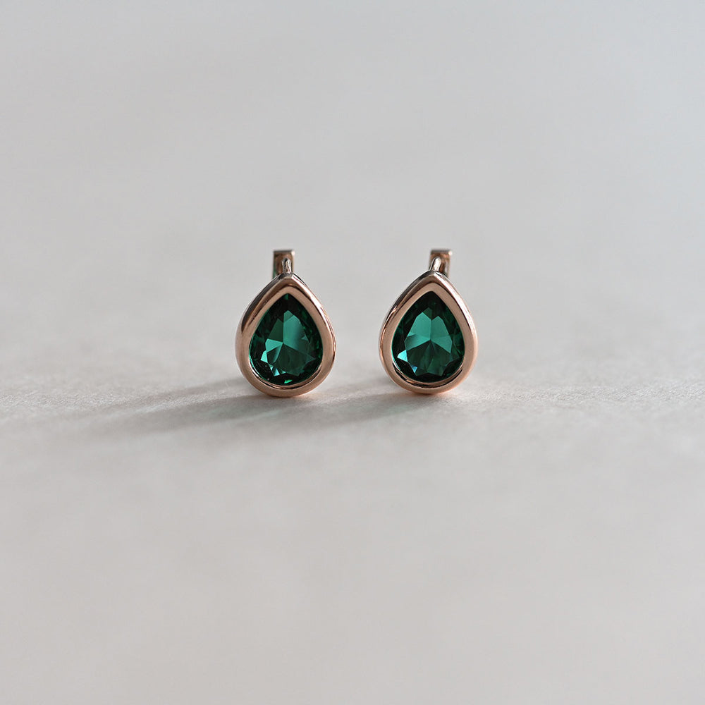 925 Silver Water Drop Bezel Green One Touch Earrings_KWAJE381