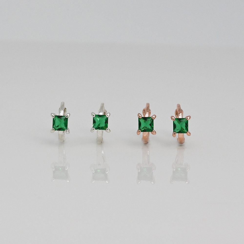 925 Silver Green Square One Touch Earrings_KWAJE238