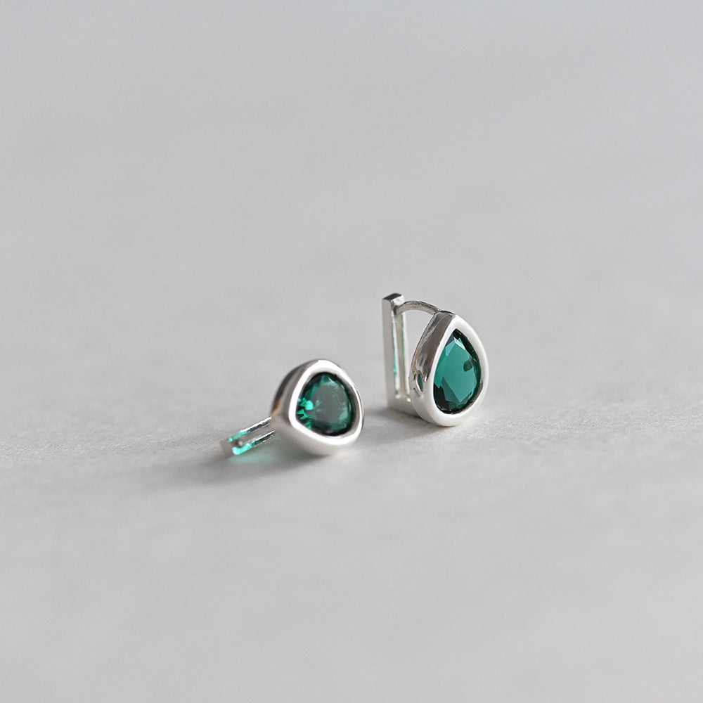 925 Silver Water Drop Bezel Green One Touch Earrings_KWAJE381